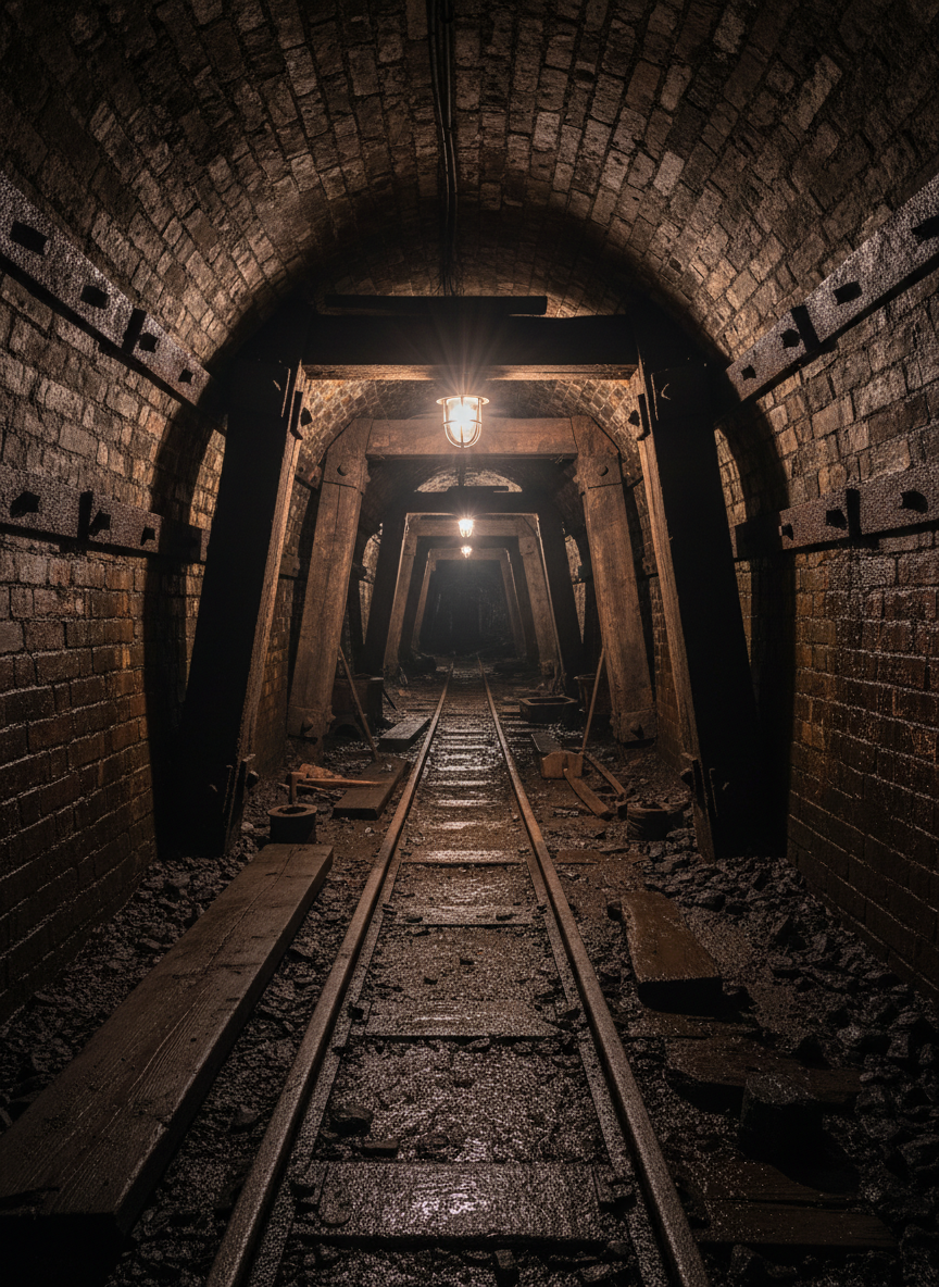 A richly detailed photographic scene inside a Black Country heritage mine, centered on a low-ceilinged brick tunnel reinforced with dark timber supports and metal brackets. The rough brick walls glisten with moisture, and narrow-gauge rails run along the damp, uneven floor, disappearing into darkness. A single industrial lamp mounted to a beam casts a stark, warm pool of light, creating harsh, dramatic shadows and a strong sense of depth as the tunnel recedes. Small details like rust on bolts, scattered coal pieces, and water droplets catching the light add tactile realism. Shot from a low, forward-looking perspective, the composition pulls the viewer into the tunnel, evoking a bold, immersive, and slightly mysterious atmosphere that showcases the region’s mining heritage.