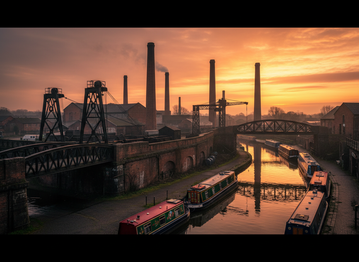 A bold panoramic photographic view of the Black Country’s industrial skyline at golden hour, featuring towering red-brick factory chimneys, intricate black ironwork, and a winding canal cutting through the scene. Narrowboats are moored along the canal’s edge, their painted hulls reflecting in the still water. Warm, low sunlight rakes across textured brick walls and rusted metal bridges, casting elongated shadows and illuminating faint haze in the air. Shot from a slightly elevated angle with sharp focus throughout, the composition emphasizes contrast between deep shadows and fiery sky. The mood is powerful and dramatic, celebrating industrial heritage with vibrant color and photographic realism, perfect as a hero image for a destination site inviting visitors to see more and discover more.
