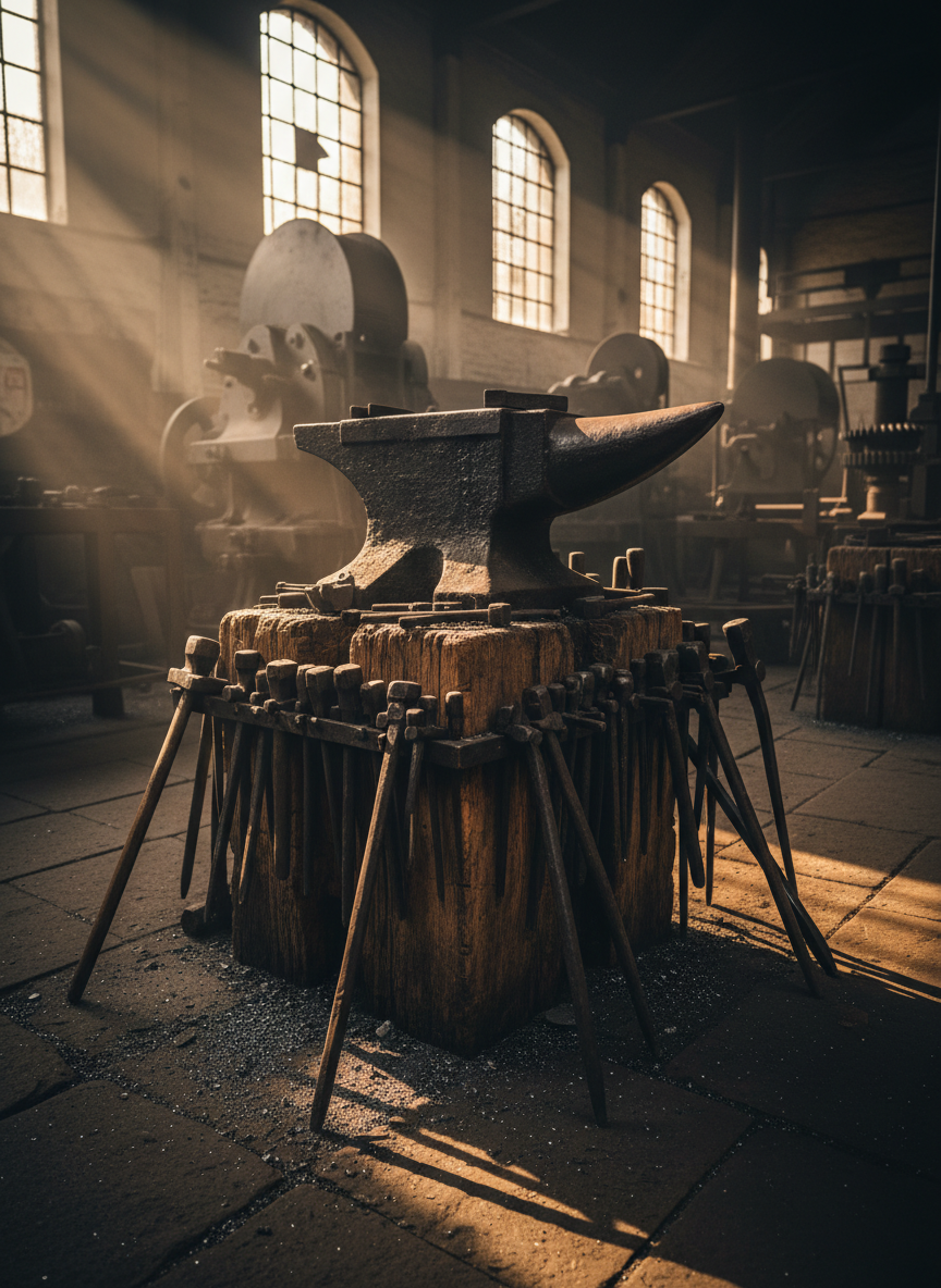 An atmospheric photographic interior of a preserved Black Country foundry, focused on a massive black anvil atop a scarred wooden block, surrounded by neatly arranged hammers, tongs, and wrought-iron tools. The dark steel surfaces show scratches and burnished edges, while the stone floor bears scattered metal filings. Shafts of warm, directional light enter through high, dusty windows, catching suspended particles and creating dramatic beams across the workspace. Deep shadows pool in distant corners, highlighting the glowing edges of metal and the robust forms of machinery. Shot from a low, three-quarter angle with moderate depth of field, the composition feels bold, gritty, and authentic, celebrating the region’s heavy industry in cinematic, high-contrast photographic realism.