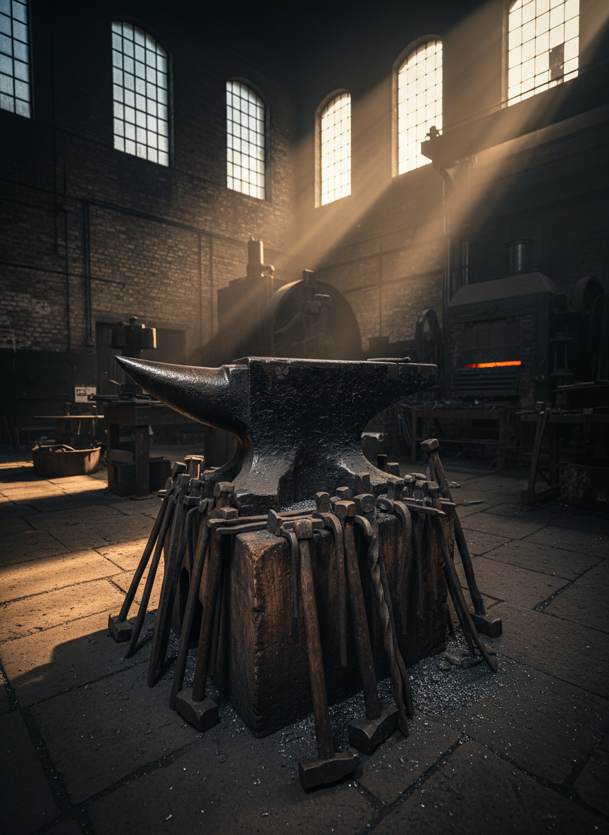 An atmospheric photographic interior of a preserved Black Country foundry, focused on a massive black anvil atop a scarred wooden block, surrounded by neatly arranged hammers, tongs, and wrought-iron tools. The dark steel surfaces show scratches and burnished edges, while the stone floor bears scattered metal filings. Shafts of warm, directional light enter through high, dusty windows, catching suspended particles and creating dramatic beams across the workspace. Deep shadows pool in distant corners, highlighting the glowing edges of metal and the robust forms of machinery. Shot from a low, three-quarter angle with moderate depth of field, the composition feels bold, gritty, and authentic, celebrating the region’s heavy industry in cinematic, high-contrast photographic realism.