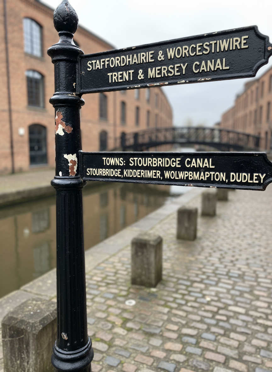 A highly detailed photographic close-up of a Black Country cast-iron signpost at a historic canal junction, its embossed white lettering reading local place names against a glossy black background. Flaking paint reveals hints of metal beneath, adding character and texture. The sign rises from a cobbled towpath lined with weathered mooring bollards. Soft overcast daylight creates diffused, even lighting, accentuating the subtle textures of iron, stone, and water without harsh shadows. In the blurred background, a narrow canal curves between old brick warehouses and an arched iron bridge. Captured at eye level with a shallow depth of field, the mood is bold yet inviting, evoking exploration and wayfinding across the Black Country.