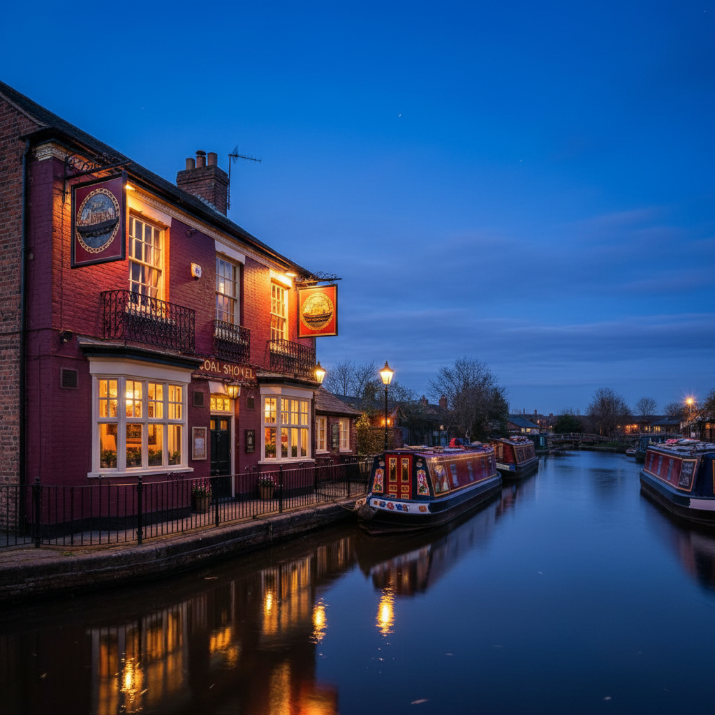 A vibrant photographic street-level scene of a traditional Black Country canal-side pub exterior at twilight, without any people present. The brick building is painted deep maroon with cream trim, adorned with ornate black metal railings and a carved wooden sign featuring a bold emblem. Warm interior light spills through multi-pane windows, reflecting on the canal’s rippling surface and highlighting moored narrowboats with classic decorative paintwork. Overhead, a deep blue sky transitions to indigo, while subtle reflections of signage glow in the water. Captured from a three-quarter angle using the rule of thirds, the composition balances the pub, water, and sky, conveying an energetic yet cozy atmosphere that invites visitors to discover nightlife and local character across the Black Country.