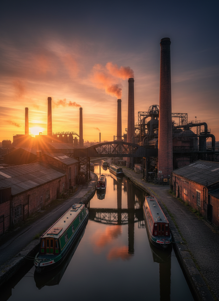 A bold panoramic photographic view of the Black Country’s industrial skyline at golden hour, featuring towering red-brick factory chimneys, intricate black ironwork, and a winding canal cutting through the scene. Narrowboats are moored along the canal’s edge, their painted hulls reflecting in the still water. Warm, low sunlight rakes across textured brick walls and rusted metal bridges, casting elongated shadows and illuminating faint haze in the air. Shot from a slightly elevated angle with sharp focus throughout, the composition emphasizes contrast between deep shadows and fiery sky. The mood is powerful and dramatic, celebrating industrial heritage with vibrant color and photographic realism, perfect as a hero image for a destination site inviting visitors to see more and discover more.