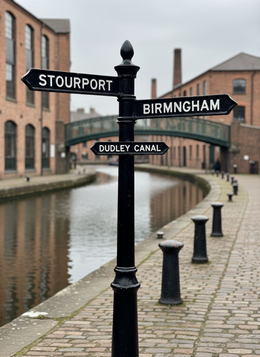 A highly detailed photographic close-up of a Black Country cast-iron signpost at a historic canal junction, its embossed white lettering reading local place names against a glossy black background. Flaking paint reveals hints of metal beneath, adding character and texture. The sign rises from a cobbled towpath lined with weathered mooring bollards. Soft overcast daylight creates diffused, even lighting, accentuating the subtle textures of iron, stone, and water without harsh shadows. In the blurred background, a narrow canal curves between old brick warehouses and an arched iron bridge. Captured at eye level with a shallow depth of field, the mood is bold yet inviting, evoking exploration and wayfinding across the Black Country.